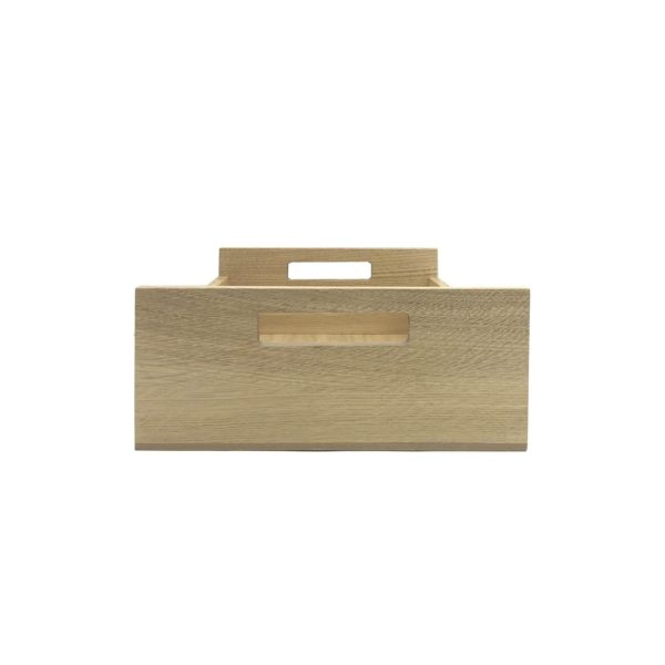 Oak Tray with Integrated Raised Handle 425x310x128 end view Oak Tray with Integrated Raised Handle 425x310x128 end view