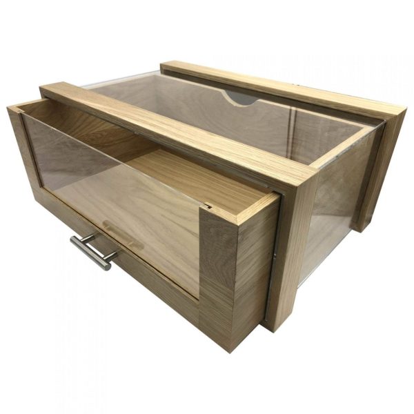 Single Oak & Acrylic Bread Bin with Oak & Acrylic Drawer and Brushed Steel T-Handle 550x350x230 drawer open Single Oak & Acrylic Bread Bin with Oak & Acrylic Drawer and Brushed Steel T-Handle 550x350x230 drawer open