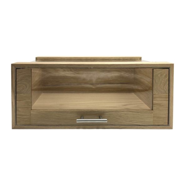 Single Oak & Acrylic Bread Bin with Oak & Acrylic Drawer and Brushed Steel T-Handle 550x350x230 front view Single Oak & Acrylic Bread Bin with Oak & Acrylic Drawer and Brushed Steel T-Handle 550x350x230 front view
