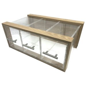 Triple Oak & Acrylic Bread Bin with Acrylic Drawers and Brushed Steel T-Handles 550x350x230