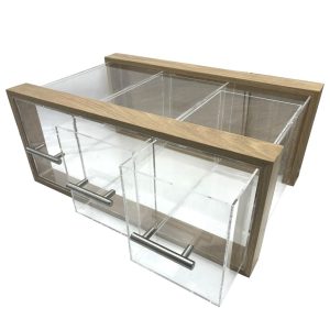 Triple Oak & Acrylic Bread Bin with Acrylic Drawers and Brushed Steel T-Handles 550x350x230 doors open