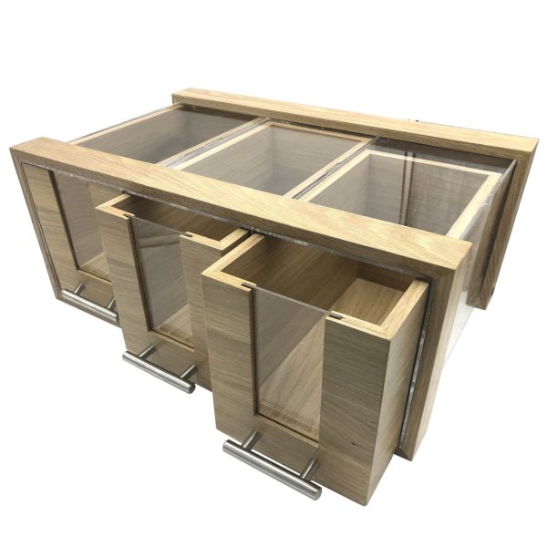 Triple Oak & Acrylic Bread Bin with Oak & Acrylic Drawers and Brushed Steel T-Handles 550x350x230 doors open Triple Oak & Acrylic Bread Bin with Oak & Acrylic Drawers and Brushed Steel T-Handles 550x350x230 doors open