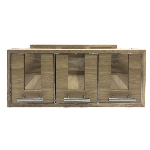Triple Oak & Acrylic Bread Bin with Oak & Acrylic Drawers and Brushed Steel T-Handles 550x350x230 Triple Oak & Acrylic Bread Bin with Oak & Acrylic Drawers and Brushed Steel T-Handles 550x350x230