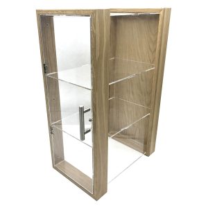 triple shelf Oak & Acrylic Display Cabinet with brushed steel T-Handle 230x350x550