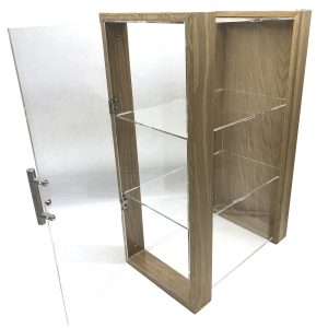 triple shelf Oak & Acrylic Display Cabinet with brushed steel T-Handle 230x350x550 door open