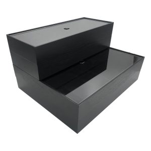 Plain Black Oak Partitioned Stacker Box 450x360x60 with riser, acrylic lid, smaller box stacked with riser and acrylic lid