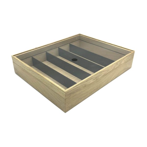 Plain Natural Oak Partitioned Stacker Box 450x360x60 with riser and acrylic lid Plain Natural Oak Partitioned Stacker Box 450x360x60 with riser and acrylic lid side view
