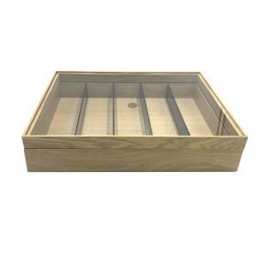 Plain Natural Oak Partitioned Stacker Box 450x360x60 with riser and acrylic lid side view