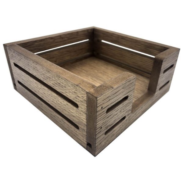 Rustic Brown Oak Veneer Slatted Napkin Holder 195x195x80 detail Rustic Brown Oak Veneer Slatted Napkin Holder 195x195x80 detail