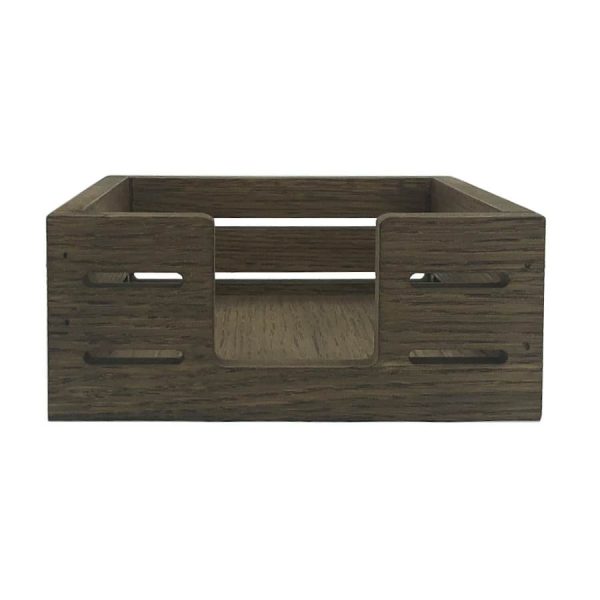 Rustic Brown Oak Veneer Slatted Napkin Holder 195x195x80 front view Rustic Brown Oak Veneer Slatted Napkin Holder 195x195x80 front view