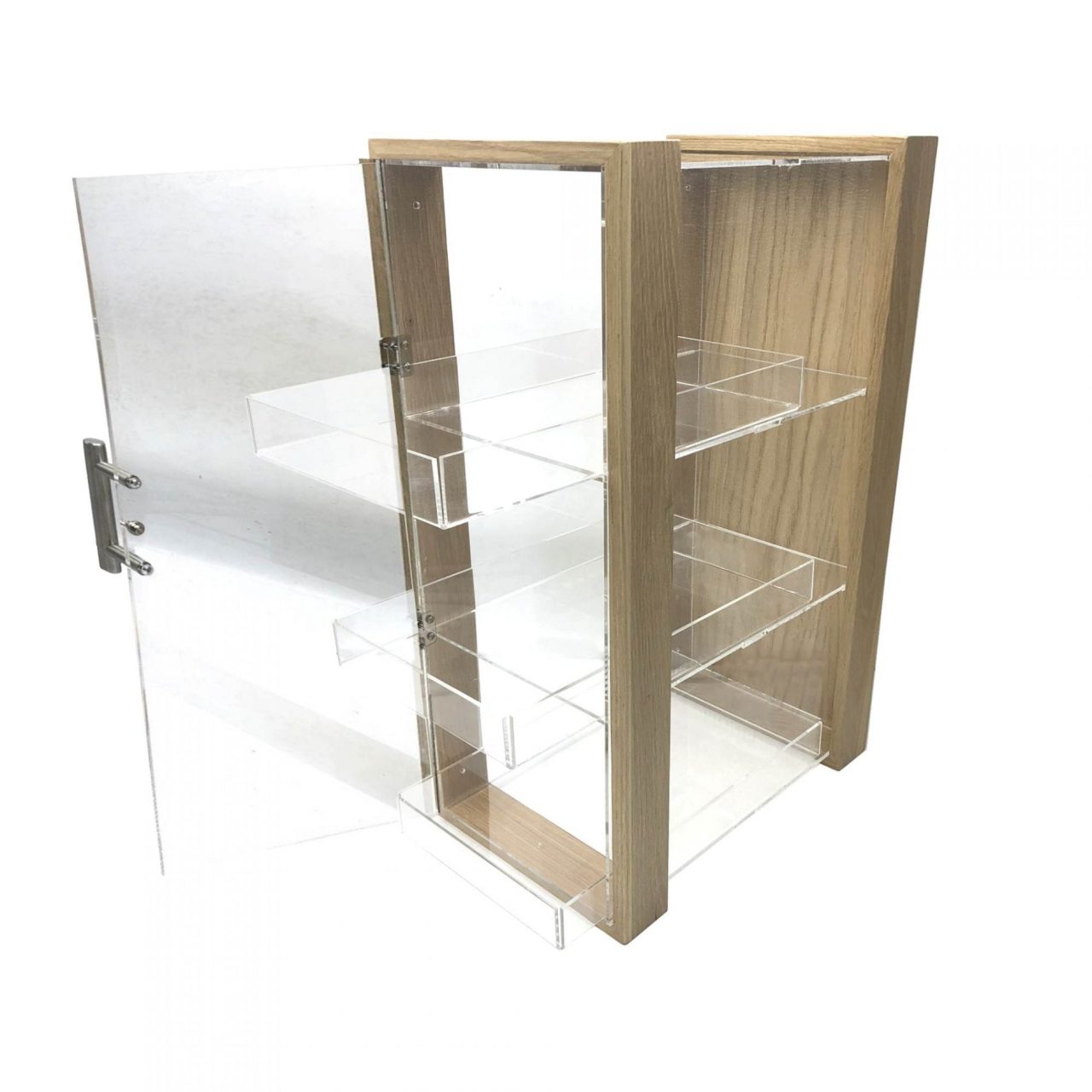 Triple Shelf Oak Acrylic Display Cabinet With Brushed Steel T Handle
