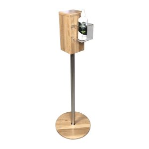 Oak Freestanding Hand Sanitiser Pillar Dispenser Stand 1250x400D with bracket and bottle