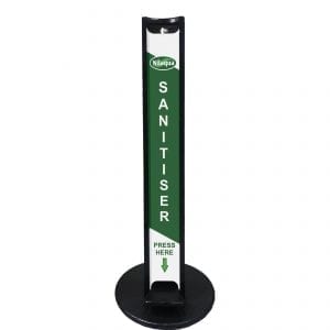 Black Painted pine hands free freestanding hand sanitiser dispenser stand 1030x400D front view with nilaqua brand
