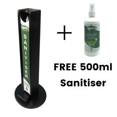 Black Painted pine hands free freestanding hand sanitiser dispenser stand 1030x400D with Nilaqua brand and free bottle