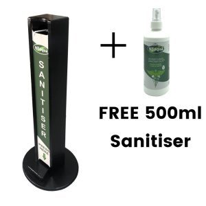 Black Painted pine hands free freestanding hand sanitiser dispenser stand 1030x400D with Nilaqua brand and free bottle
