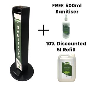 Black Painted pine hands free freestanding hand sanitiser dispenser stand 1030x400D with Nilaqua brand and free bottle and refill