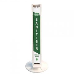 White Painted pine hands free freestanding hand sanitiser dispenser stand 1030x400D front view with nilaqua brand