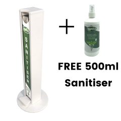 White Painted pine hands free freestanding hand sanitiser dispenser stand 1030x400D with Nilaqua brand and free bottle