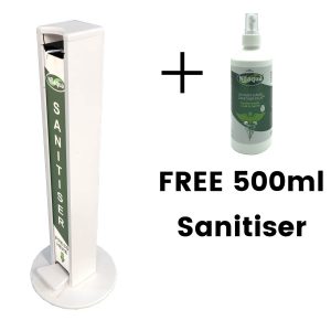 White Painted pine hands free freestanding hand sanitiser dispenser stand 1030x400D with Nilaqua brand and free bottle