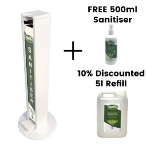 White Painted pine hands free freestanding hand sanitiser dispenser stand 1030x400D with Nilaqua brand and free bottle and refill