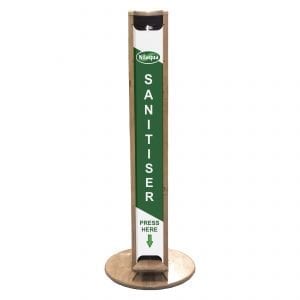 light oak pine hands free freestanding hand sanitiser dispenser stand 1030x400D front view with nilaqua brand