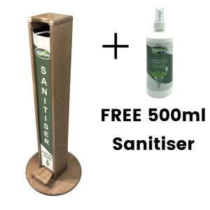 light oak pine hands free freestanding hand sanitiser dispenser stand 1030x400D with nilaqua brand and free bottle