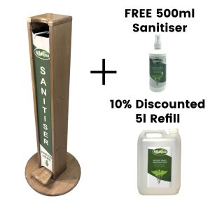 light oak pine hands free freestanding hand sanitiser dispenser stand 1030x400D with nilaqua brand and free bottle and Refill