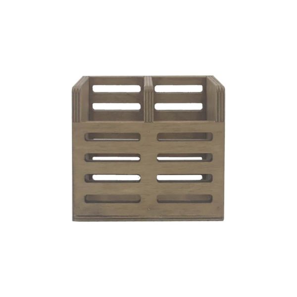 Rustic Brown Ply Slatted Double Cutlery Holder 150x83x130 front view Rustic Brown Ply Slatted Double Cutlery Holder 150x83x130 front view