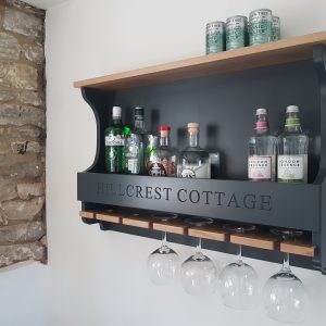 Hillcrest Cottage Amberley Grey Personalised Shaker Style Oak 6 Glass Drinks Rack 812x141x528 with bottles in situ