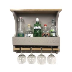 Cotswold House Gretton Grey Personalised Shaker Style Oak 4 Glass Drinks Rack 572x141x528 front view with bottles