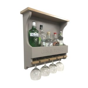 Gin and Tonic Gretton Grey Personalised Shaker Style Oak 4 Glass Drinks Rack 572x141x528 with bottles