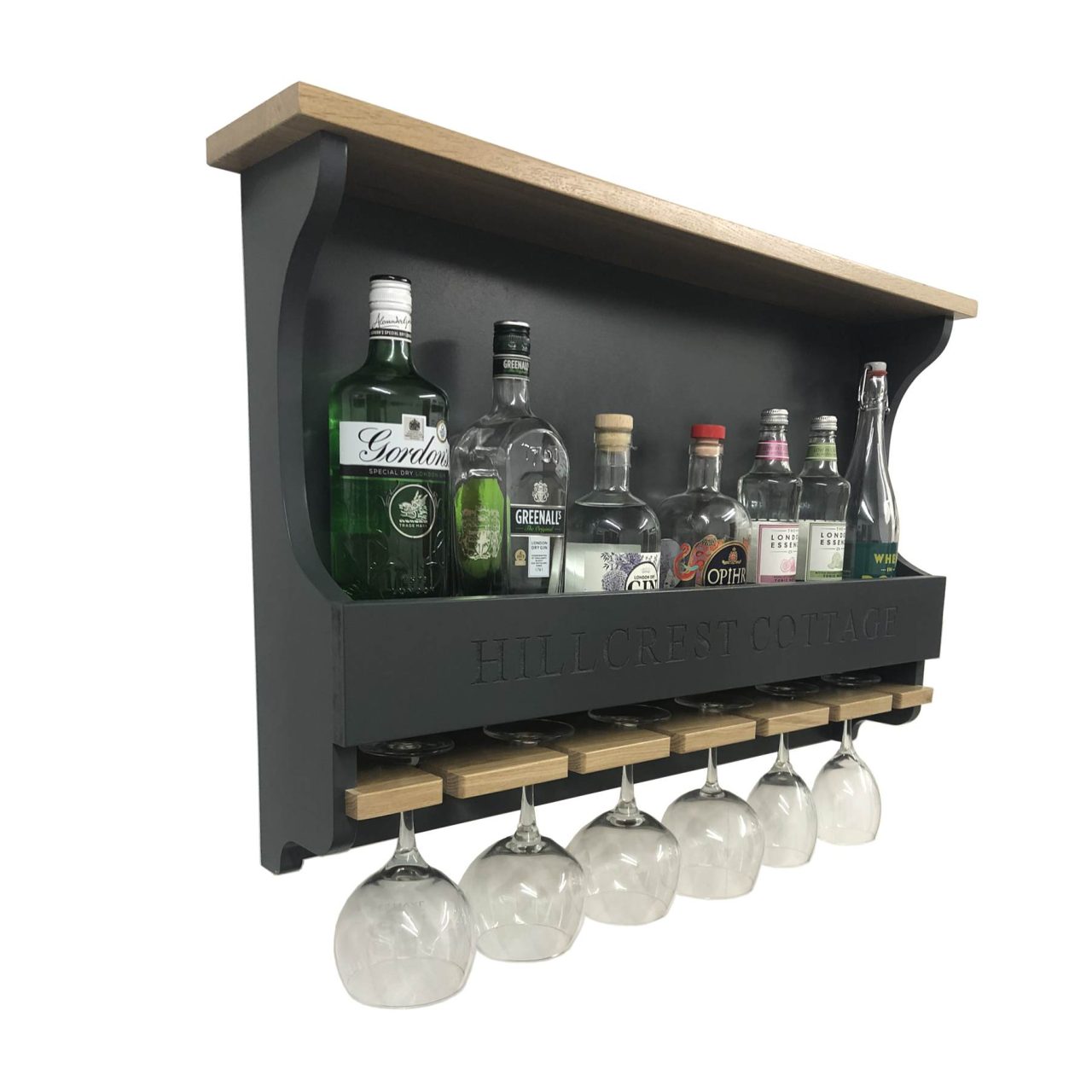 Hillcrest Cottage Amberley Grey Personalised Shaker Style Oak 6 Glass Drinks Rack 812x141x528 with bottles