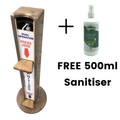 Light Oak pine dual operation freestanding hand sanitiser dispenser stand 1030x400D with free bottle