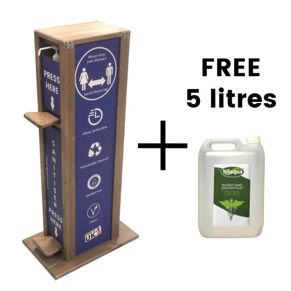 pine hands free hand sanitiser 5l single Dual Operation dispenser stand 475x297x1000 plus free 5 litres