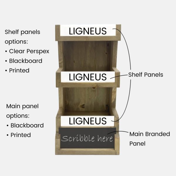 Customised Light Oak Pine 3 Tier vertical Display Stand with branding panel 278x150x400 front view labelled Customised Light Oak Pine 3 Tier vertical Display Stand with branding panel 278x150x400 front view labelled