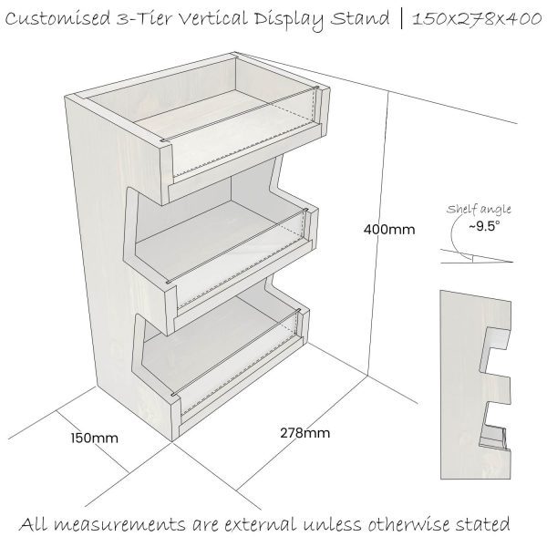 Customised Pine 3 Tier vertical Display Stand 278x150x400 schematic Customised Pine 3 Tier vertical Display Stand 278x150x400 schematic