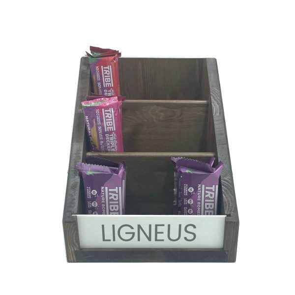 Customised Rustic Brown Pine 3 Tier Slanted Display Stand 325x220x255 front view Customised Rustic Brown Pine 3 Tier Slanted Display Stand 325x220x255 front view