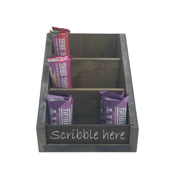 Customised Rustic Brown Pine 3 Tier Slanted Display Stand 325x220x255 front view with blackboard Customised Rustic Brown Pine 3 Tier Slanted Display Stand 325x220x255 front view with blackboard