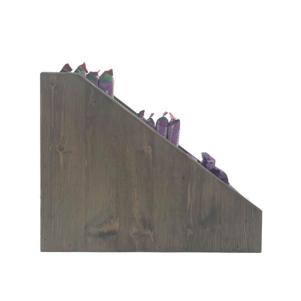 Customised Rustic Brown Pine 3 Tier Slanted Display Stand 325x220x255 side view Customised Rustic Brown Pine 3 Tier Slanted Display Stand 325x220x255 side view