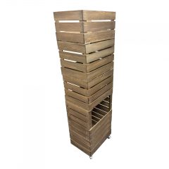 Rustic 3 drop front crate display and storage unit 500x370x1700 with casters rear view storage