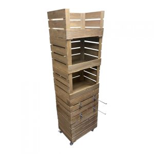 Rustic 3 drop front crate display and storage unit 500x370x1700 with hangers and casters