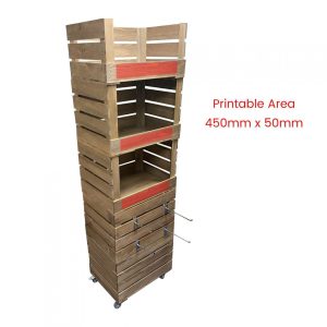 Rustic 3 drop front crate display and storage unit 500x370x1700 with hangers and casters and branding areas