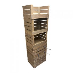 Rustic 3 drop front crate display and storage unit 500x370x1700 with hangers