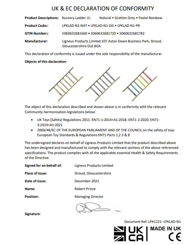 Declaration of conformity Nursery Climb n Slide N1 LPK1221 ref LPKCS-N1