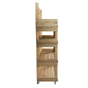 Mobile 4 tier stacking crate open merchandiser shelves side view