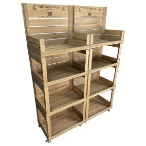 2 Mobile 4 tier stacking open crate merchandiser shelves side by side