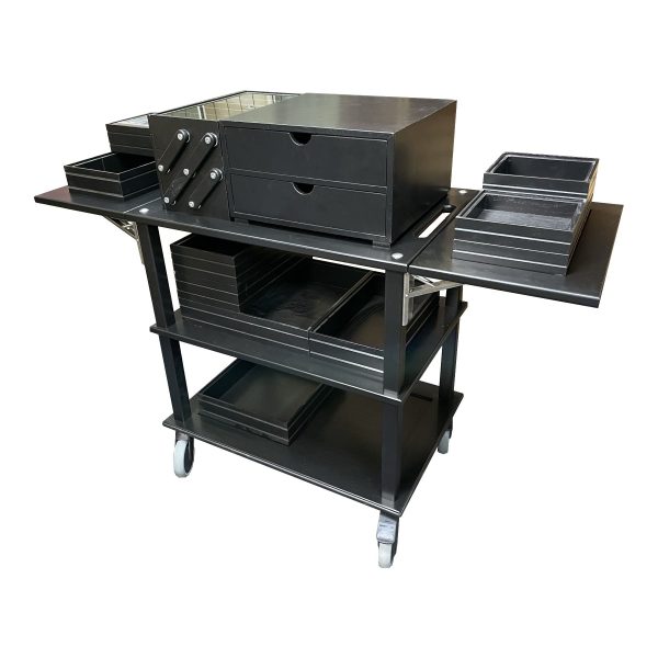 Black Oak Burford Drop Leaf Trolley with Boxes Tea Chest and 3-tier Cantilever Box Black Oak Burford Drop Leaf Trolley with Boxes Tea Chest and 3-tier Cantilever Box