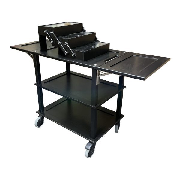 Black Oak Burford Drop Leaf Trolley with open 3-tier Cantilever Box Black Oak Burford Drop Leaf Trolley with open 3-tier Cantilever Box