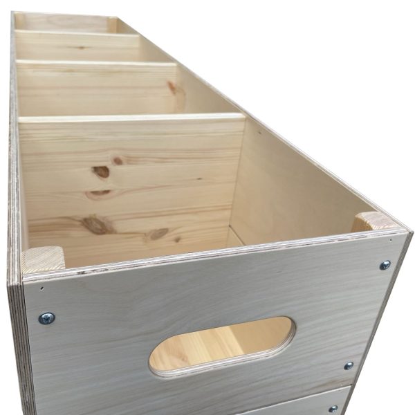 Mobile Natural Split Level 4 Bin Impulse Merchandise Display Stand 1200x300x940 angle view Mobile Natural Split Level 4 Bin Impulse Merchandise Display Stand 1200x300x940 angle view