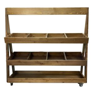 Mobile Rustic Brown Pine 3-Tier Slanted Merchandiser Display Stand 1190x370x1145 front view